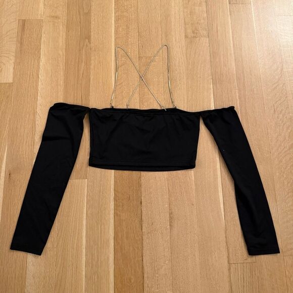 SHEIN Tops - SHEIN Black Off-Shoulder Crop Top with Chain Straps